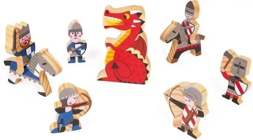 Alex brand classic wooden castle figurines, including knights, soldiers, archers, and a dragon.
