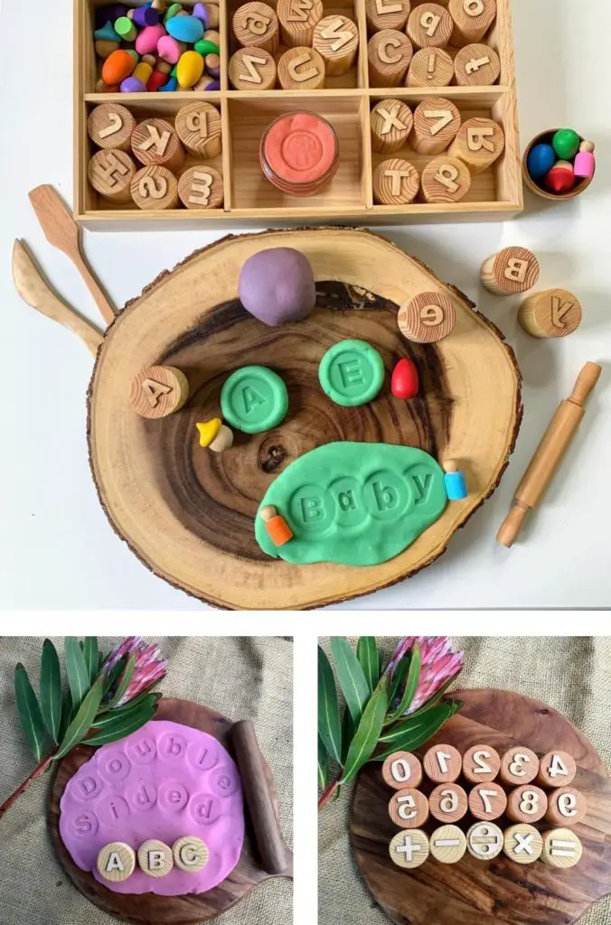 Chickadee Wooden Toys alphabet and number wooden playdough stamps for toddlers.