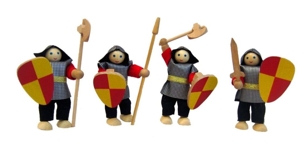 Estia Holzspiel Design brand four wooden knight bending dolls set.