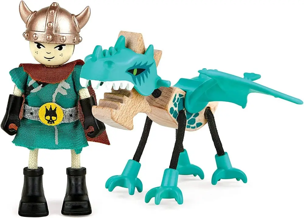 Hape Toys brand viking and dragon wooden figurines.