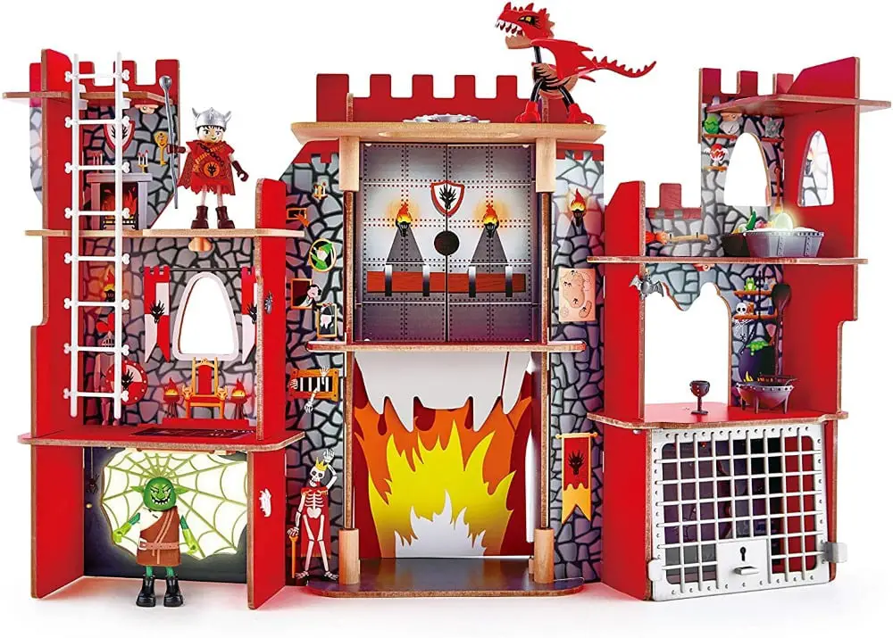 Hape Toys brand viking wooden folding castle interior.