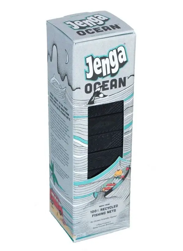 Jenga Ocean blocks made from recycled fishing nets.