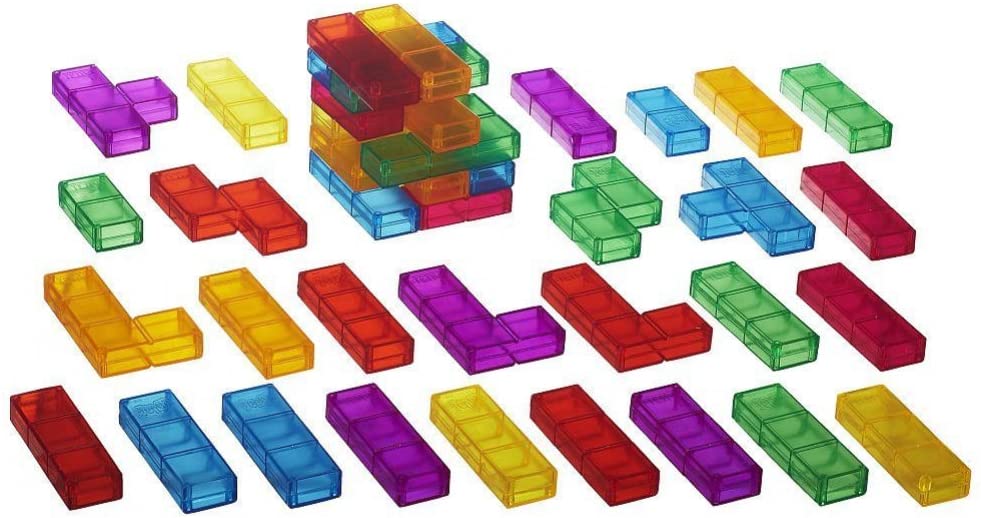 Jenga Tetris translucent plastic Tetris pieces laid out with full block set in view.
