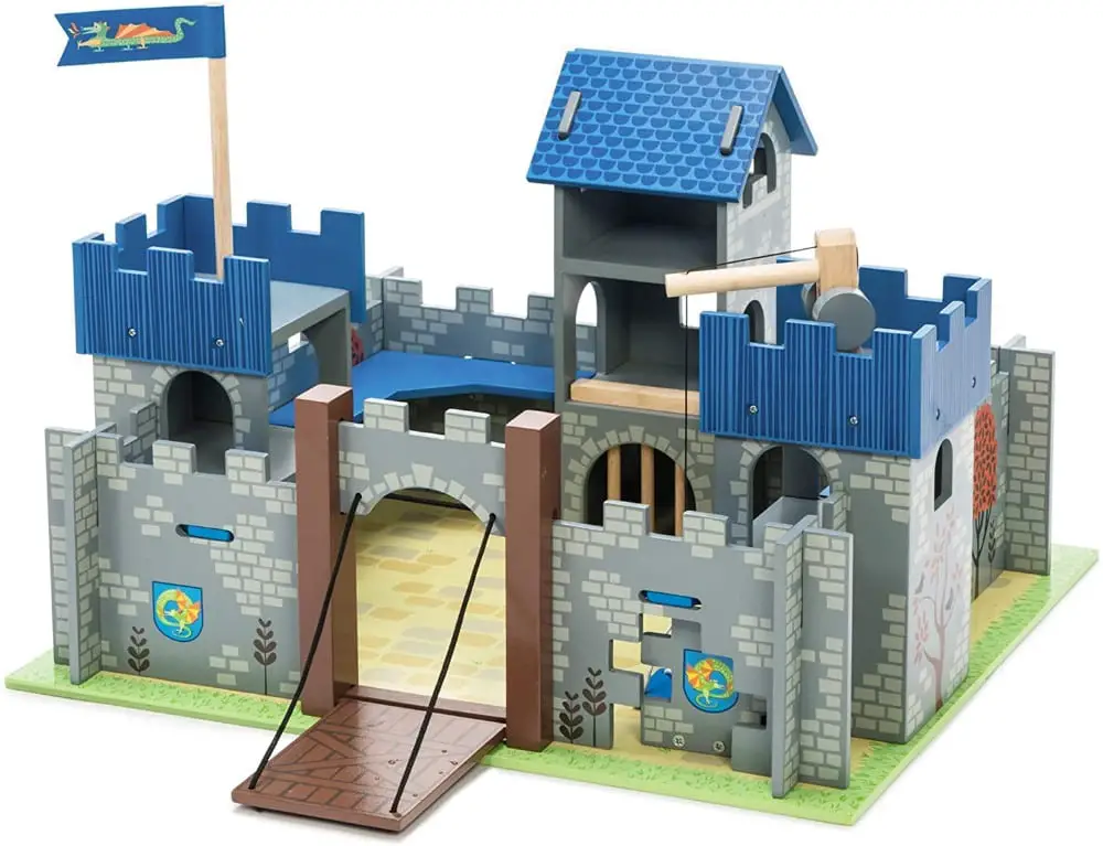 Le Toy Van brand blue educational wooden toy castle with figurines.