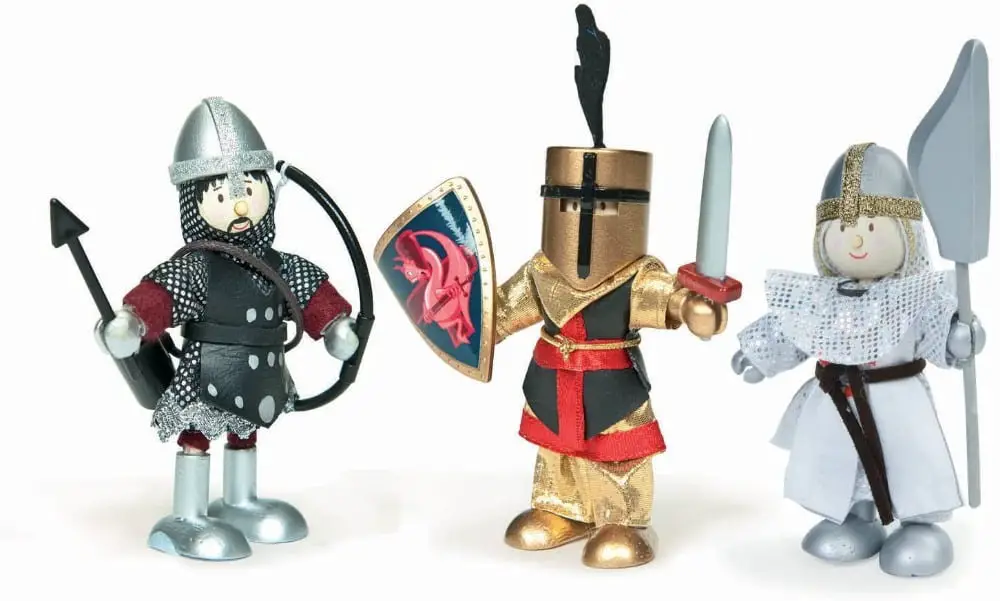 Le Toy Van brand wooden budkins dolls in the shape of king and knights with gold helmet.