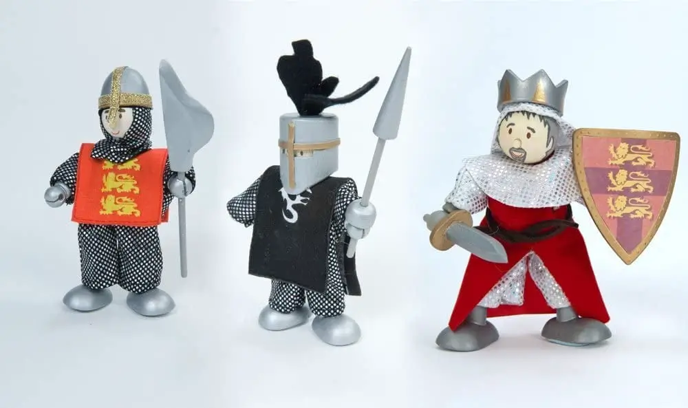 Le Toy Van brand wooden budkins figurines in the shape of king, knight, and crusader with silver helmet.