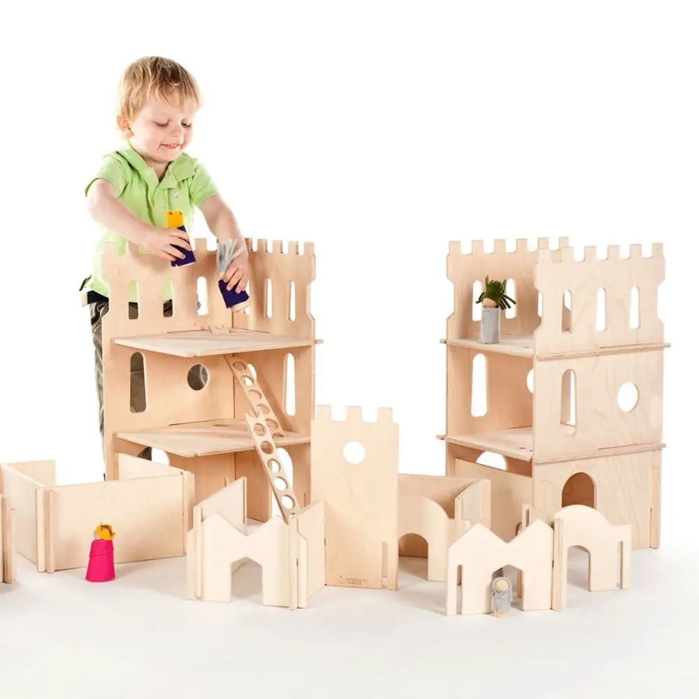 Manzanita brand large modular wooden castle set toddler playing with peg doll figurines.
