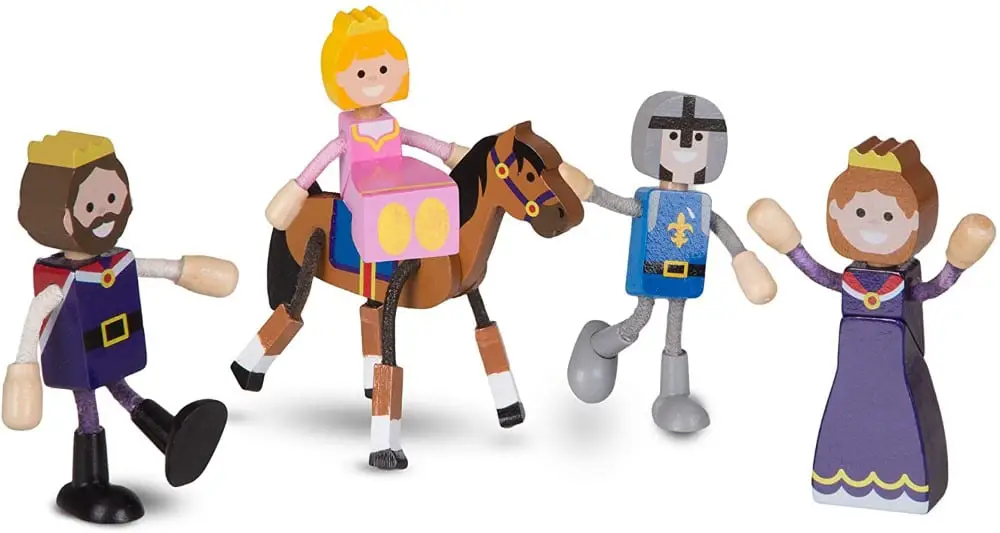 Melissa & Doug brand flexible wooden dolls: king, queen, princess, prince, and horse.