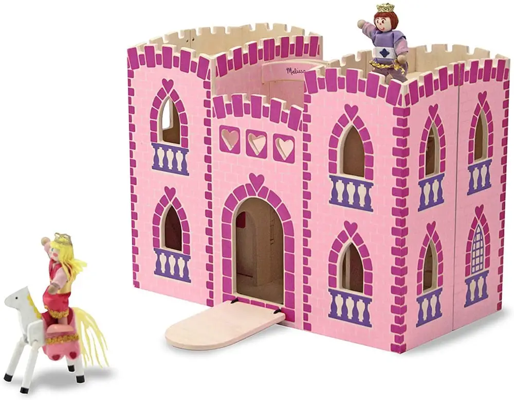 Melissa & Doug brand foldable wooden castle with a princess, a prince, and two ponies.