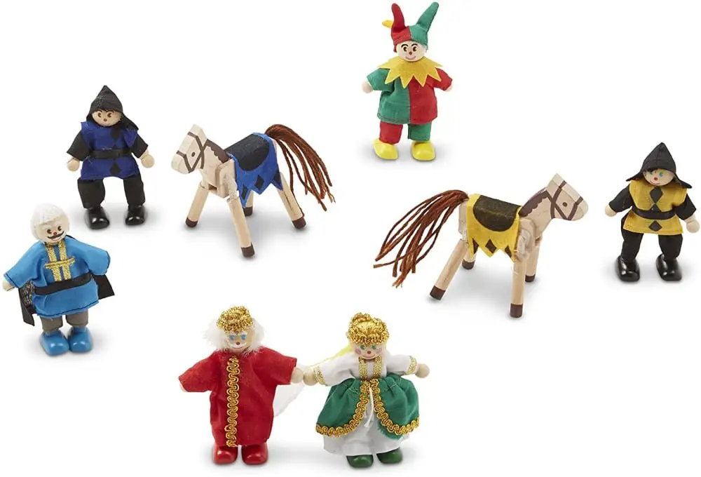 Melissa & Doug brand posable wooden dolls: king, queen, priest, jesters, and horses.