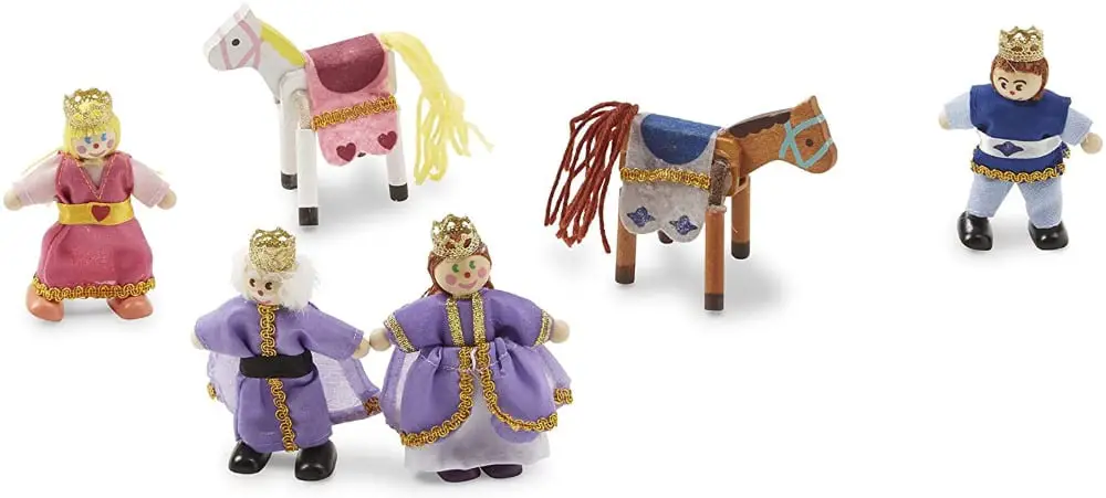 Melissa & Doug brand royal family clothed wooden figurines: king, queen, princess, and prince.