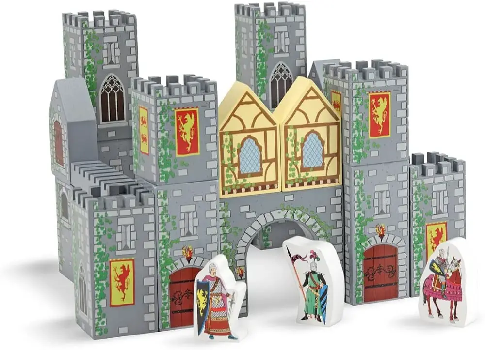 Melissa & Doug large wooden castle blocks set with knight figurines.