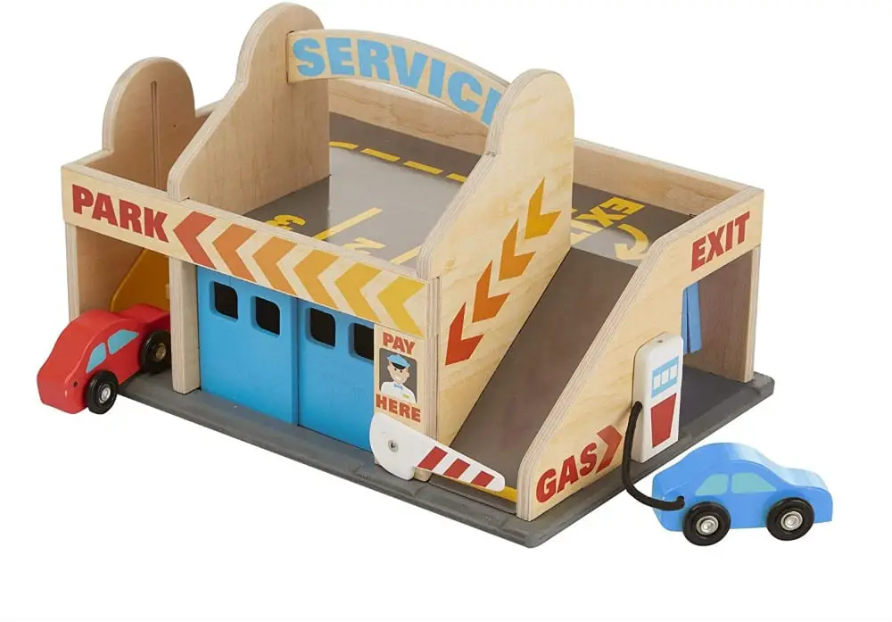 Melissa & Doug service station wooden parking garage toy.