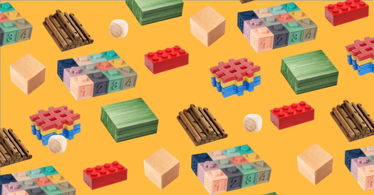 Pattern of all different types of wooden blocks for kids on a yellow background.