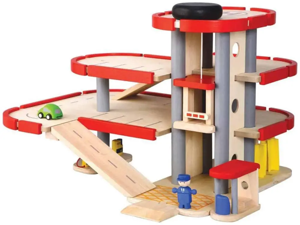 Plan Toys brand three-story wooden parking garage.