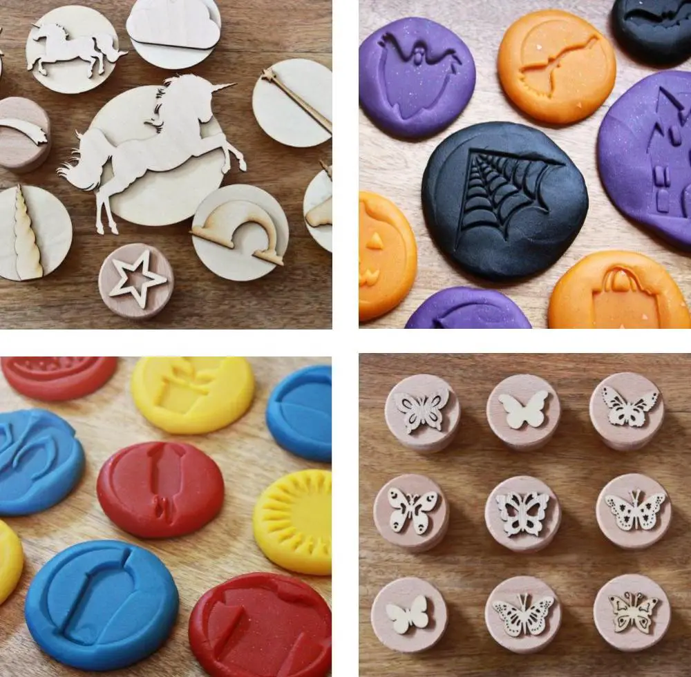 Reverie Kids Shop themed wooden dough stamp: toy, unicorn, halloween, beach, and butterfly.