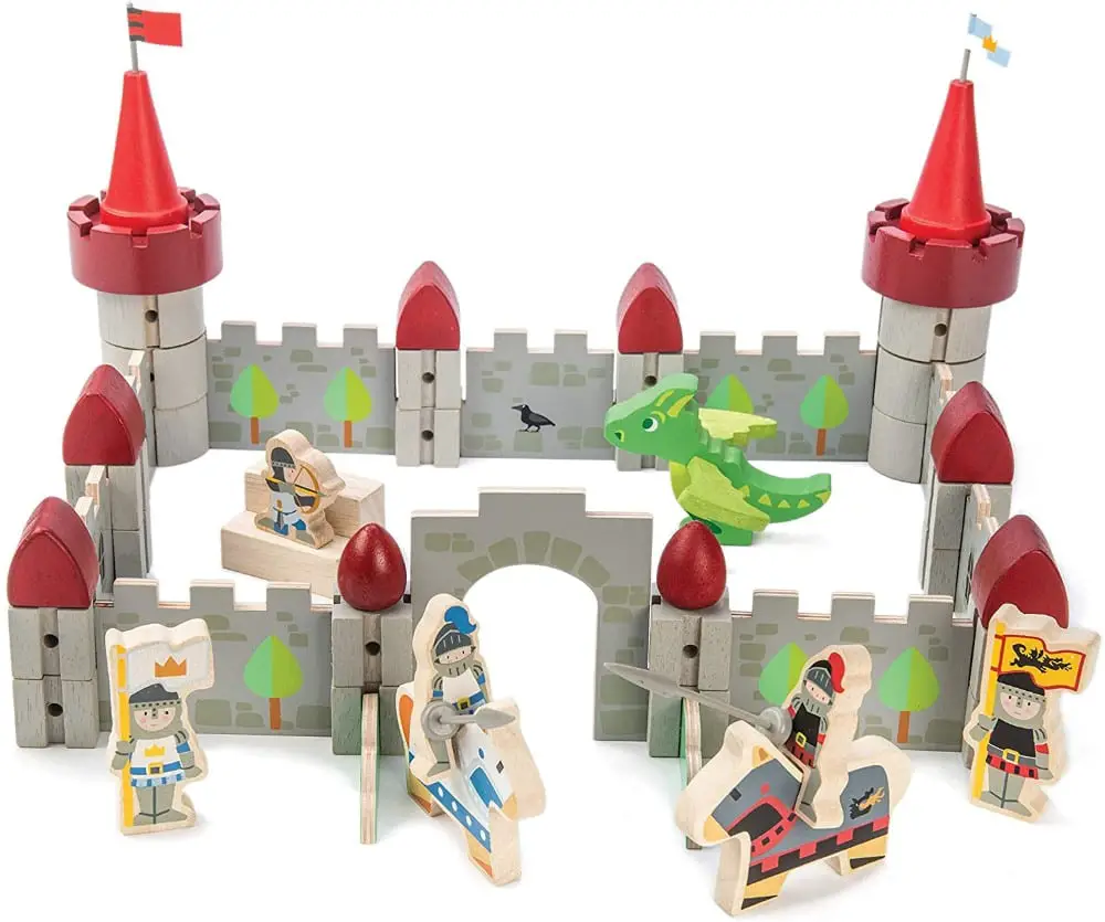 Tender Leaf Toys brand medium-sized Dragon Castle wooden castle building blocks set with wooden figurines.