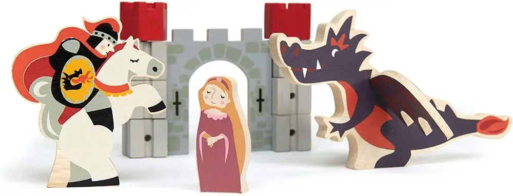 Tender Leaf Toys brand small castle castle blocks set wooden with princess, knight, and dragon figurines.