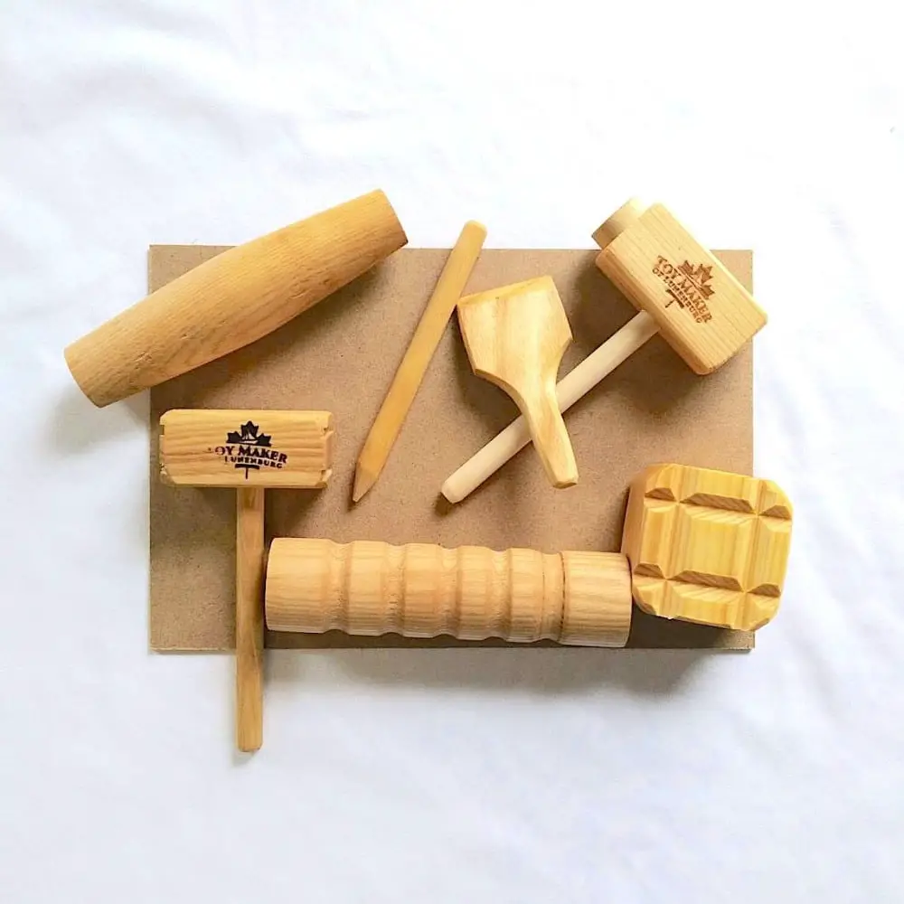 Toy Maker of Lunenburg heavy duty children's playdough toolset with wooden hammers and mallets.