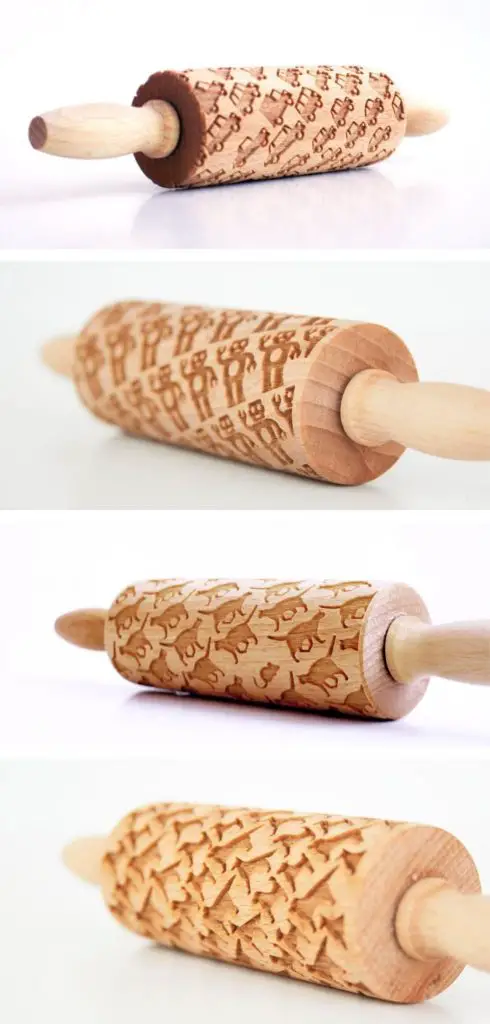 Who's She brand patterned wooden dough rollers for kids: cat, dog, robot, cars, and trucks.
