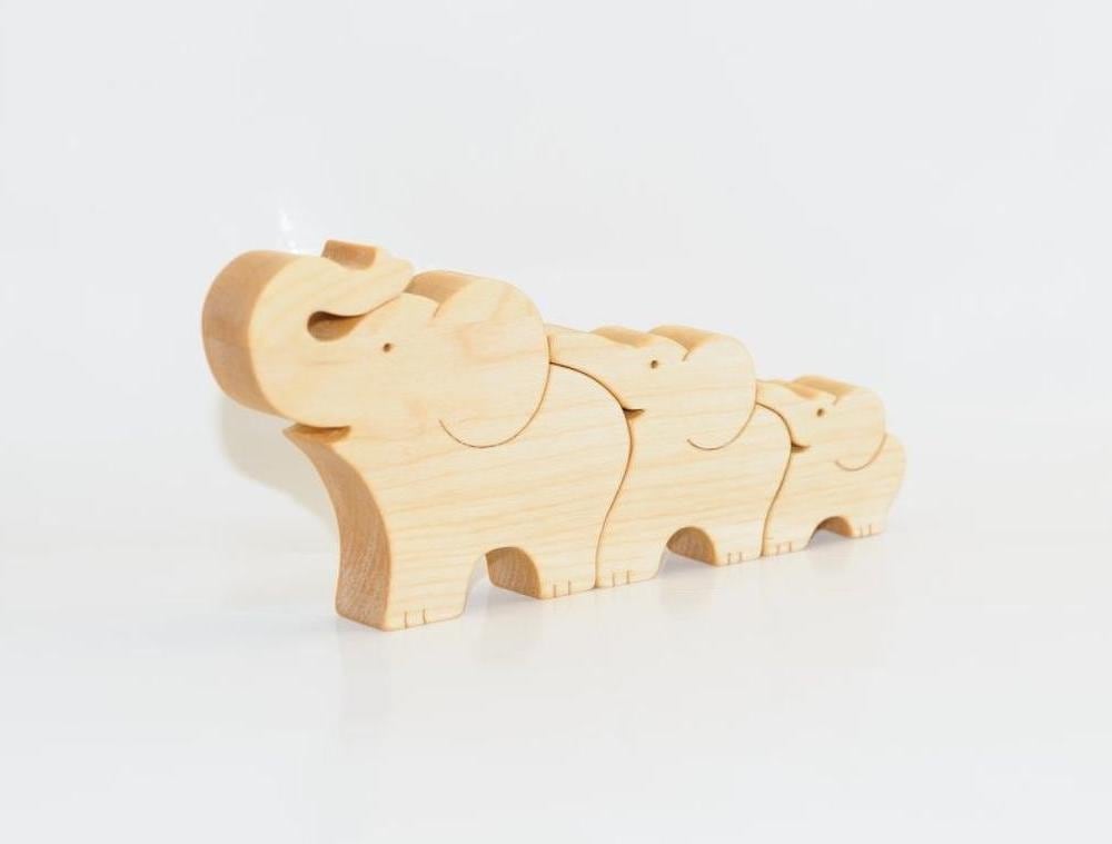 Ecopuzzle Small Wooden Elephant Puzzle With A Herd Of Three Elephants