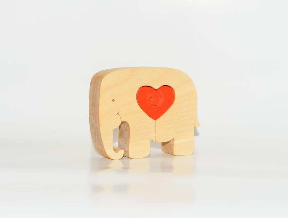 Ecopuzzle Small Wooden Elephant Puzzle With Red Heart