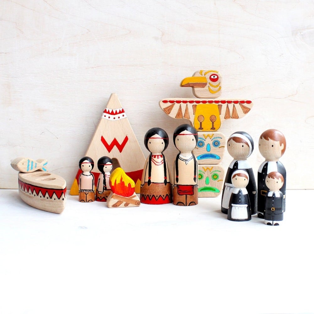 Native Americans Pilgrims Family Wooden Peg Doll Set