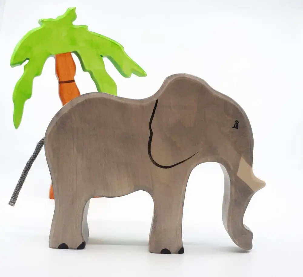 The Wood Pecker Factory Wooden Elephant Figurine Toy With Safari Palm Tree