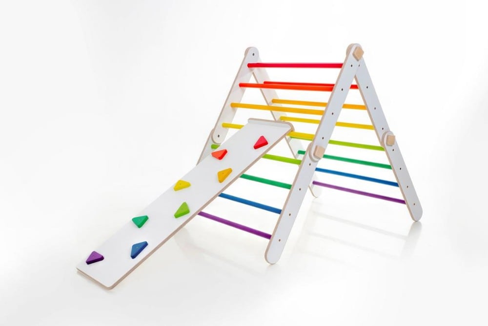 Woodgrainlab transformable wooden pikler triangle climber for toddlers.