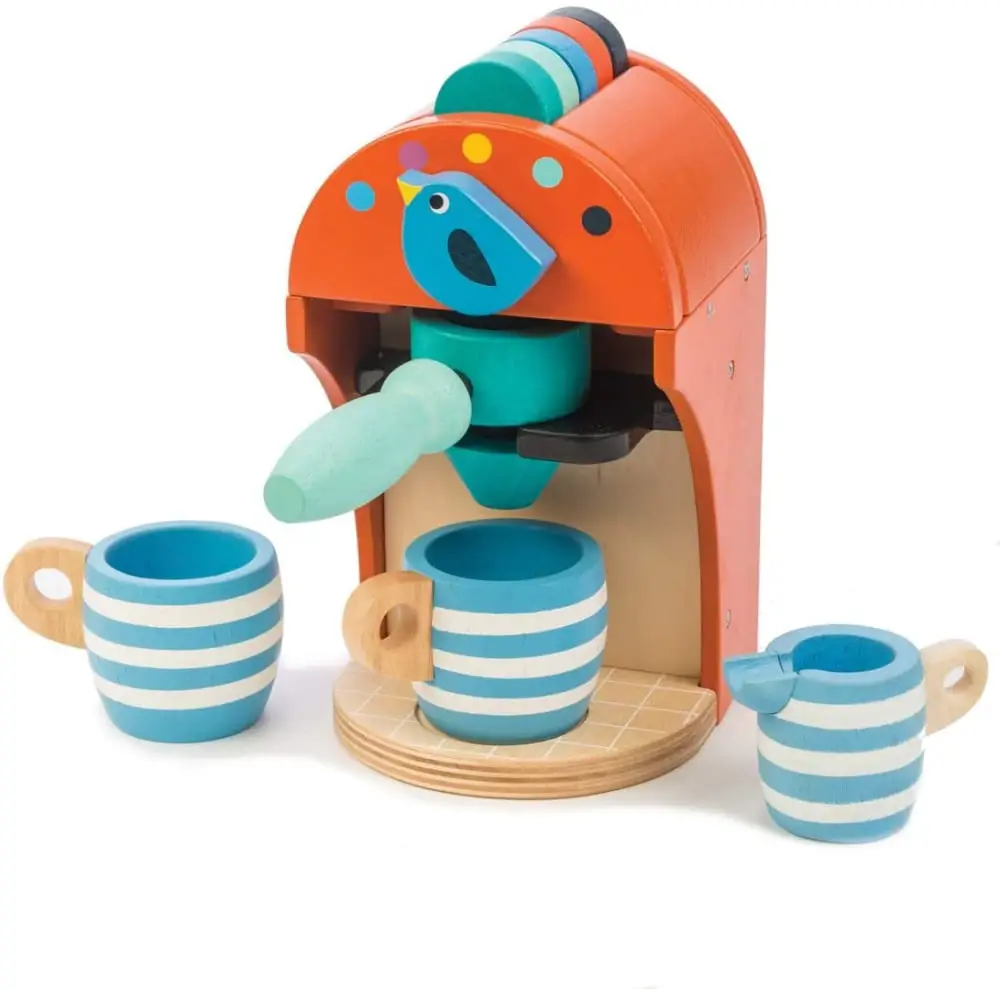 Tender Leaf Toys Wooden Toy Espresso Maker With Coffee Capsules Mugs Milk