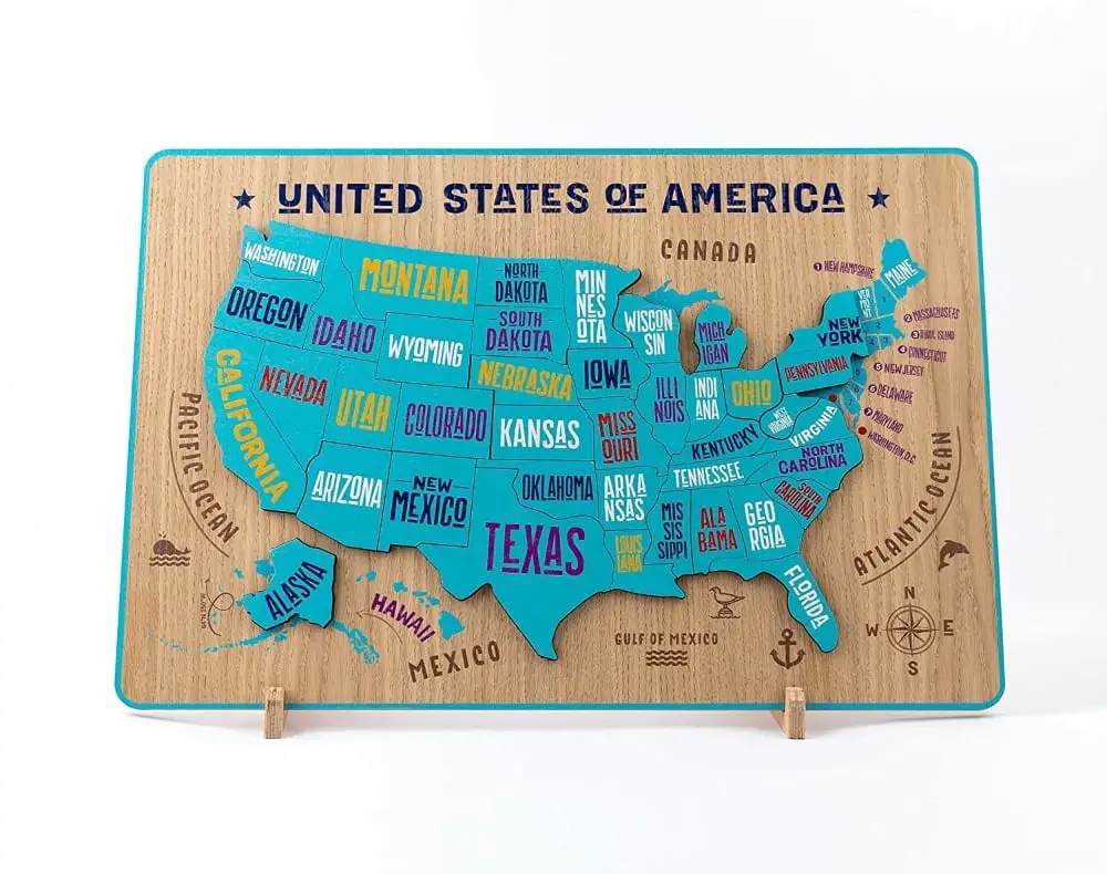 Turquoise Printed Wooden State Shape Usa Puzzle