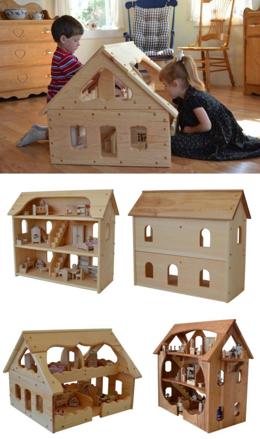 wooden dollhouse and furniture