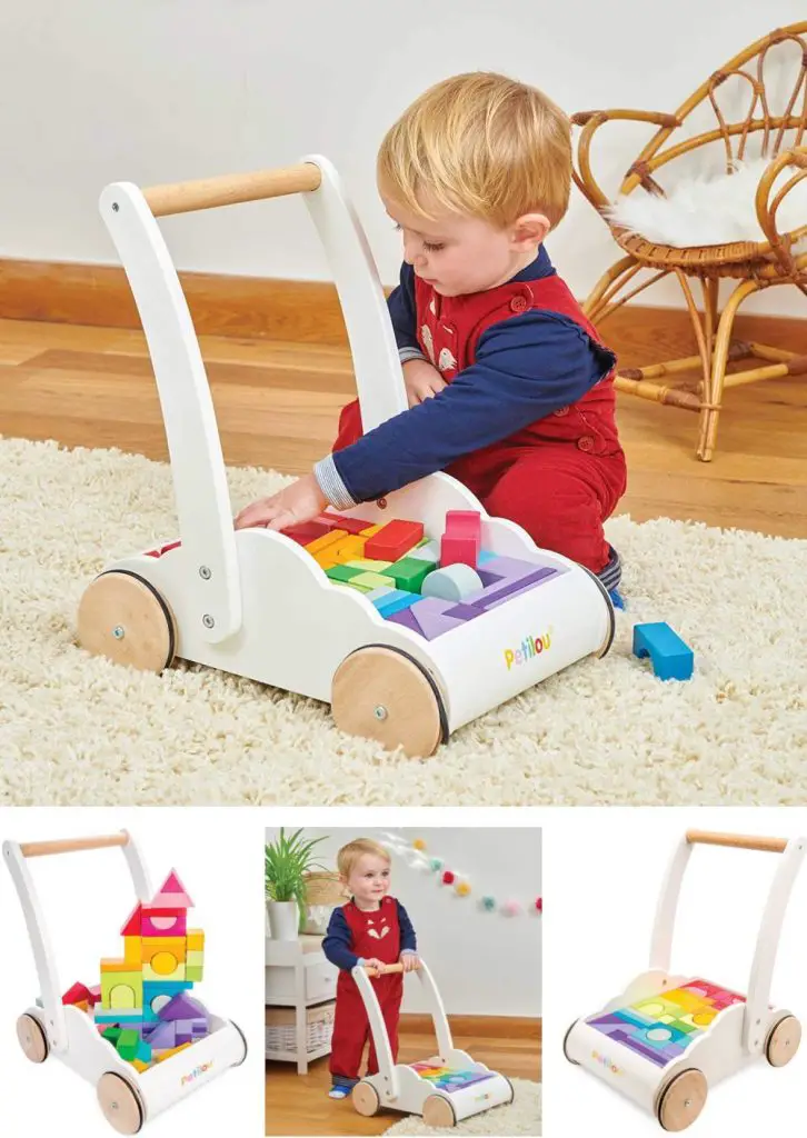 Le Toy Van Wooden Baby Walker Wagon With Rainbow Block Set