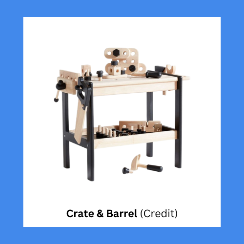 Crate & Barrel Rubberwood Wooden Toy Workbench With Handtools