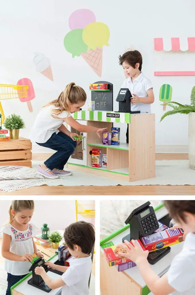 Teamson Kids Two Sided Cashier Play Grocery Stand ​​Wide Table Design