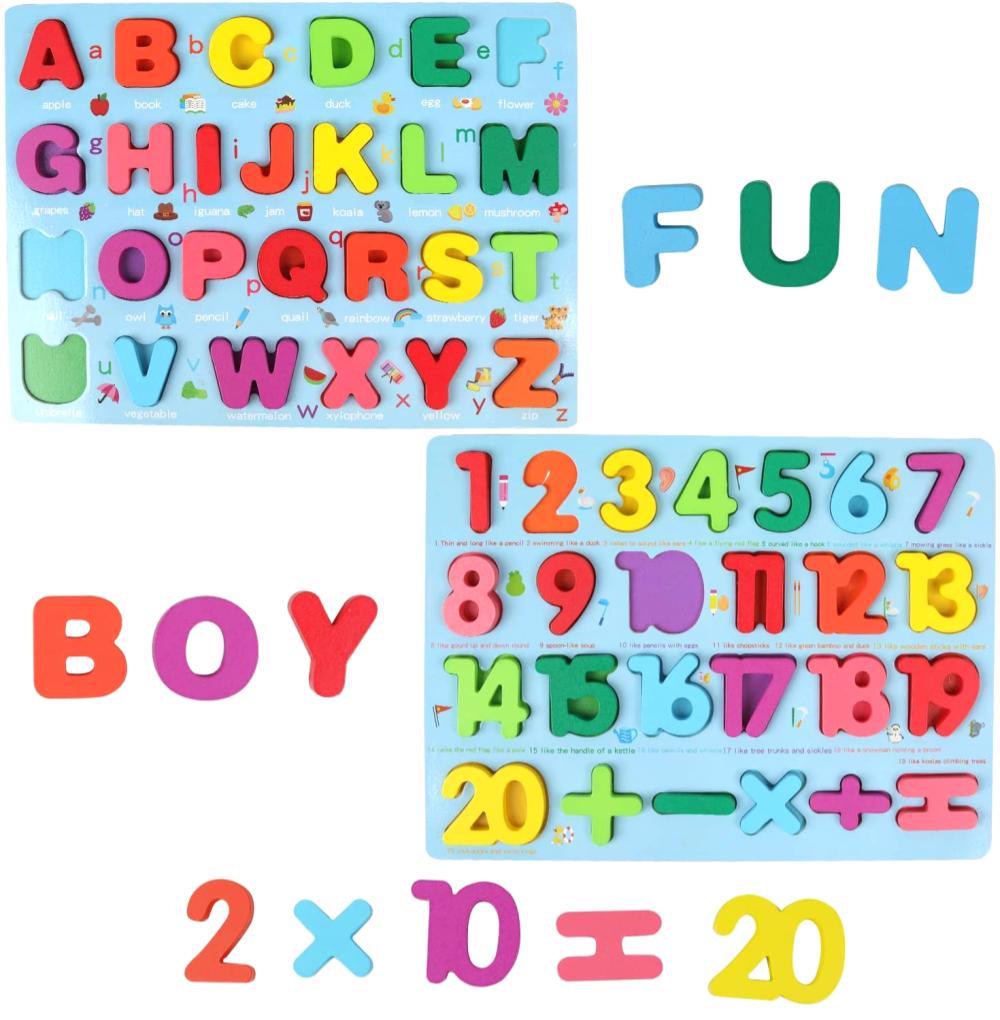Qzmtoy Toddlers Wooden Puzzle Set With Alphabet And Numbers
