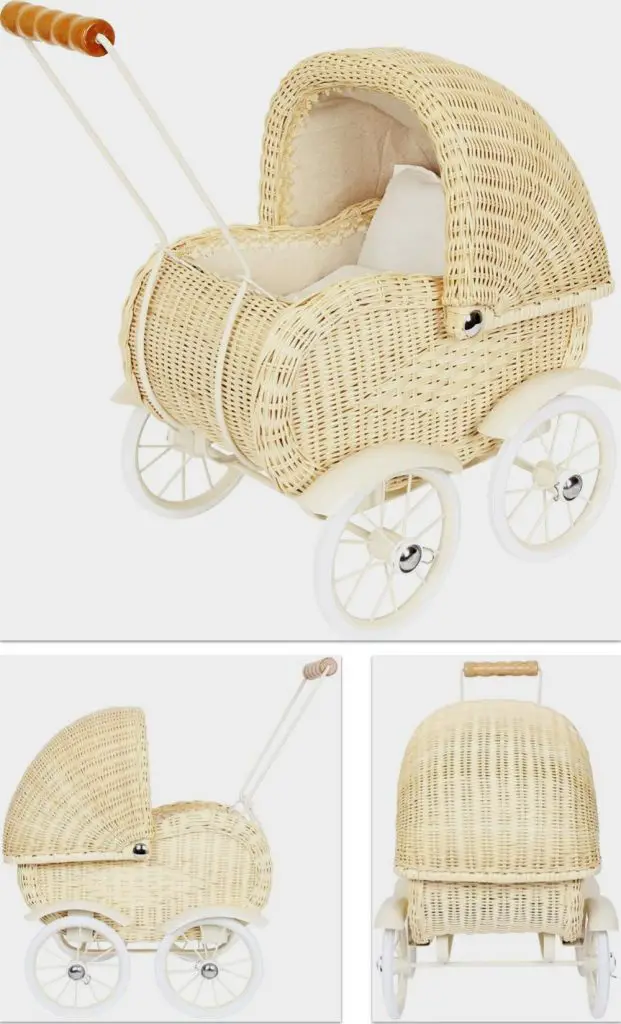 small foot toys vintage style wicker doll pram
