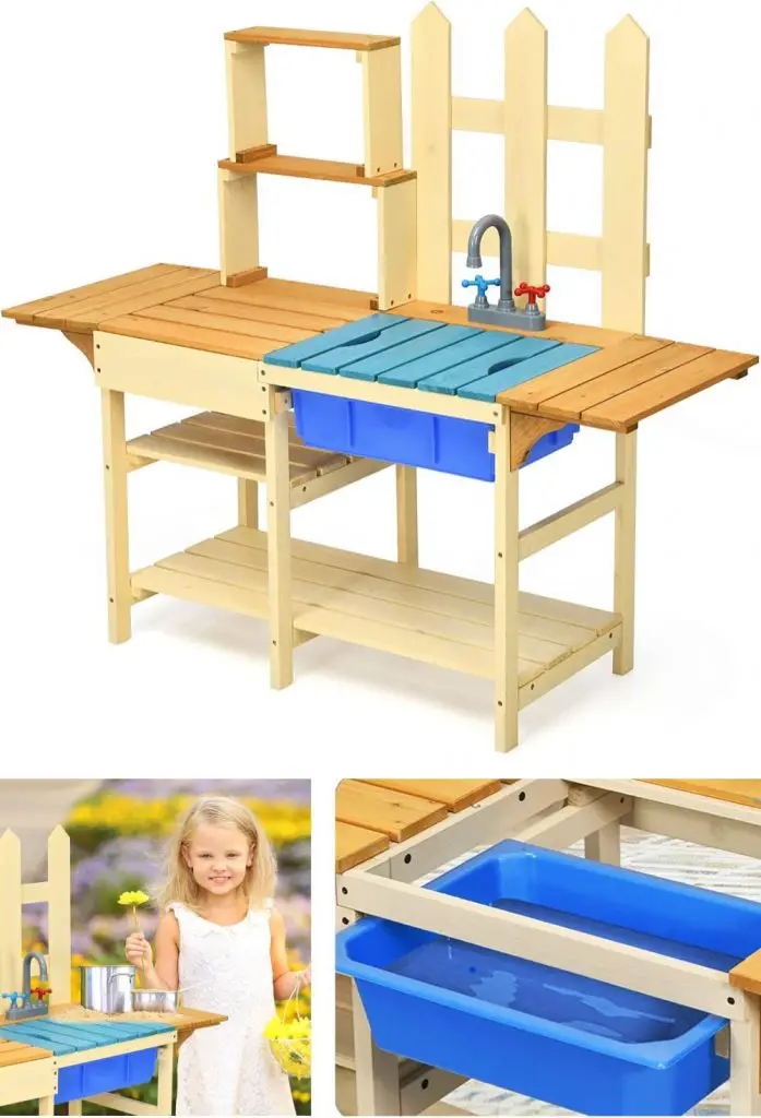 costzon outdoor wooden toddler kitchen set sink shelf surface