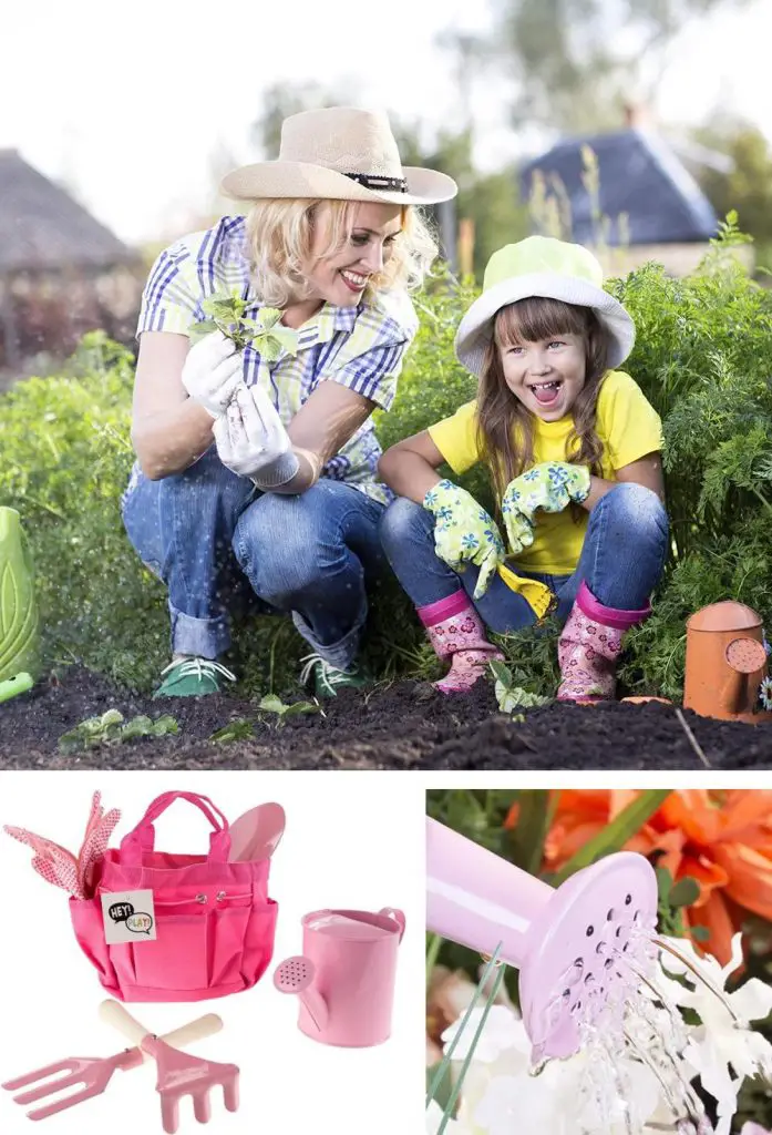 hey play pink gardening set with child safe shovel rake fork gloves