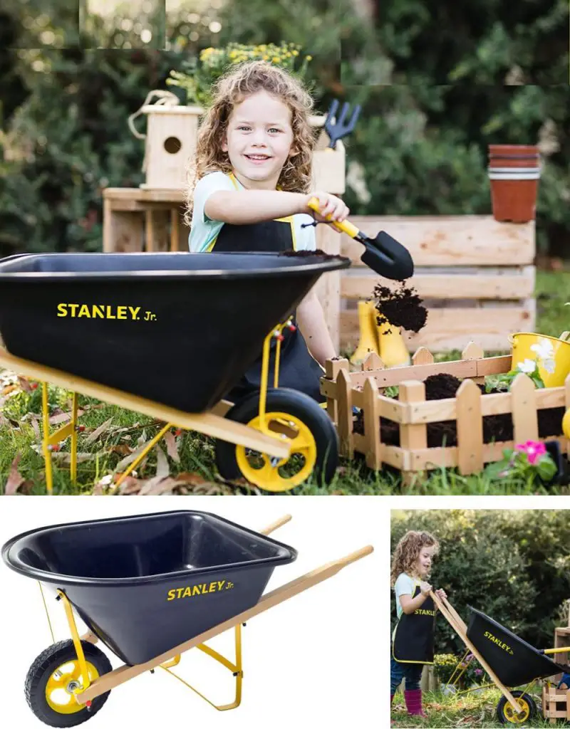 stanley junior black and yellow child sized outdoor wheelbarrow