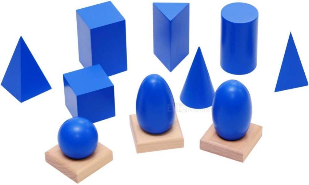 elite montessori essential blue geometric solids with wooden stands