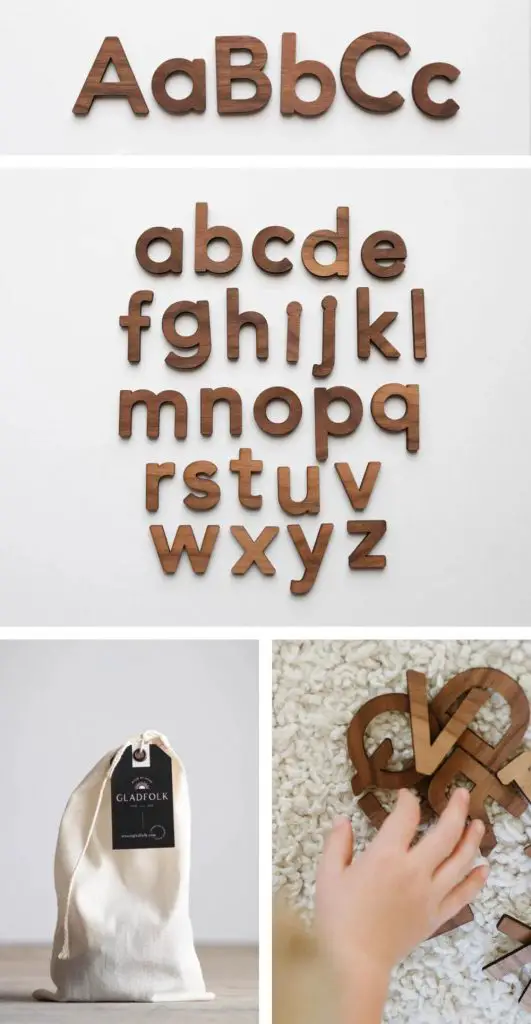 gladfolk premium maple walnut hardwood alphabet blocks in canvas carry bag