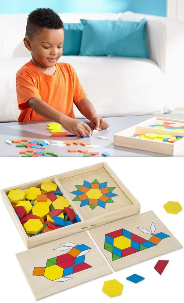 melissa and doug preschool pattern blocks with wooden trays boards 120 piece set
