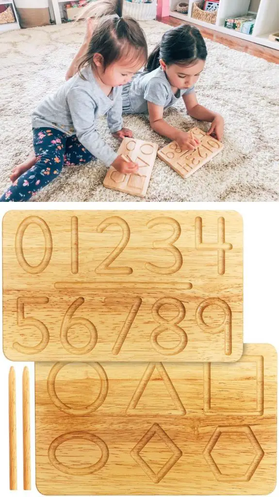 montessori and me reversible wooden numbers and shapes tracing board with stylus
