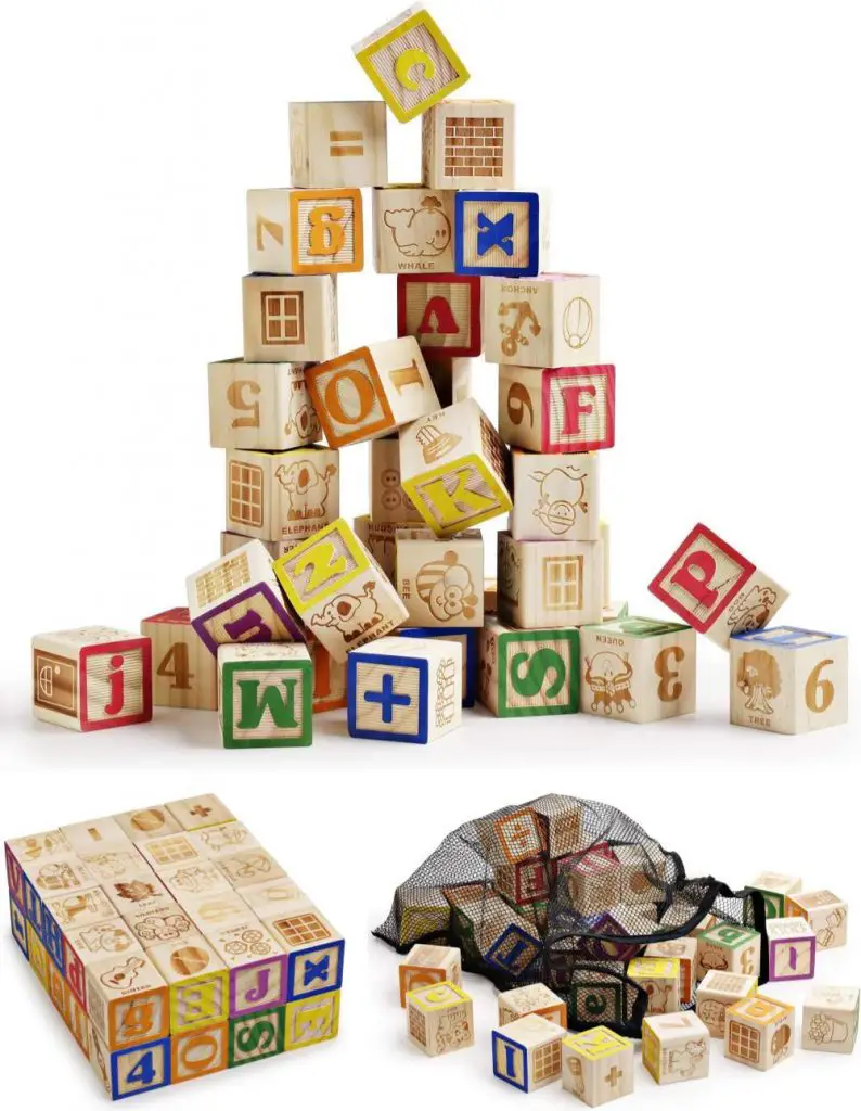 sainsmart jr preschool size large wooden abc cube blocks with mesh bag 40 piece