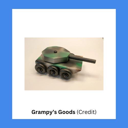 Grampy’s Goods Camoflage Swivel Head Wooden Tank Toy