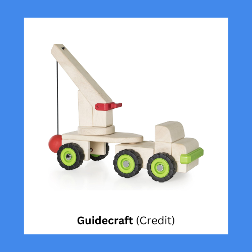 Guidecraft Wooden Toy Truck Mounted Crane With Wrecking Ball