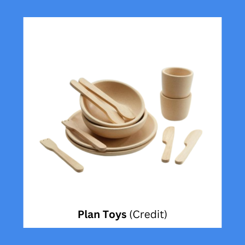 Plan Toys Simple Wooden Plates, Bowls, and Silverware Playset