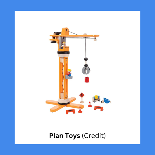 Plan Toys Wooden Crane Playset With Construction Accessories