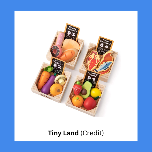 Tiny Land Wooden Fruit, Vegetable, Seafood, and Bakery Play Food Crates